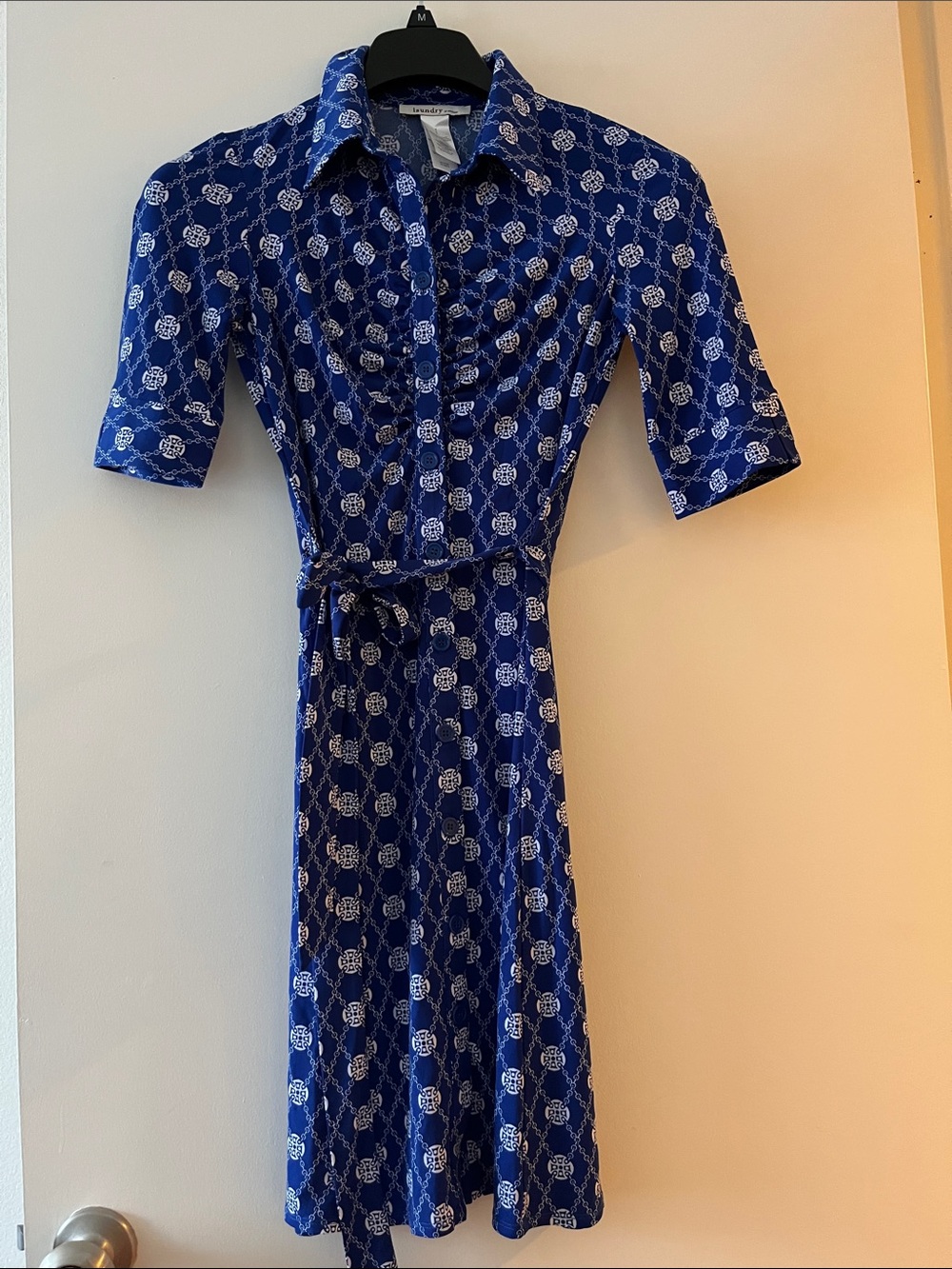 Laundry by Design Royal Blue Floral Print Shirt Midi Dress with Tie